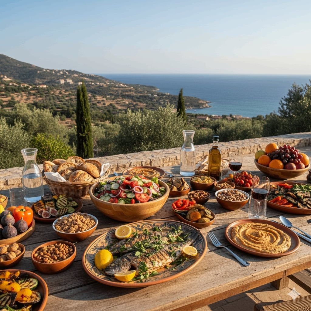 Tavola imbandita con cibi della dieta mediterranea: olio d'oliva, verdure, pesce e legumi